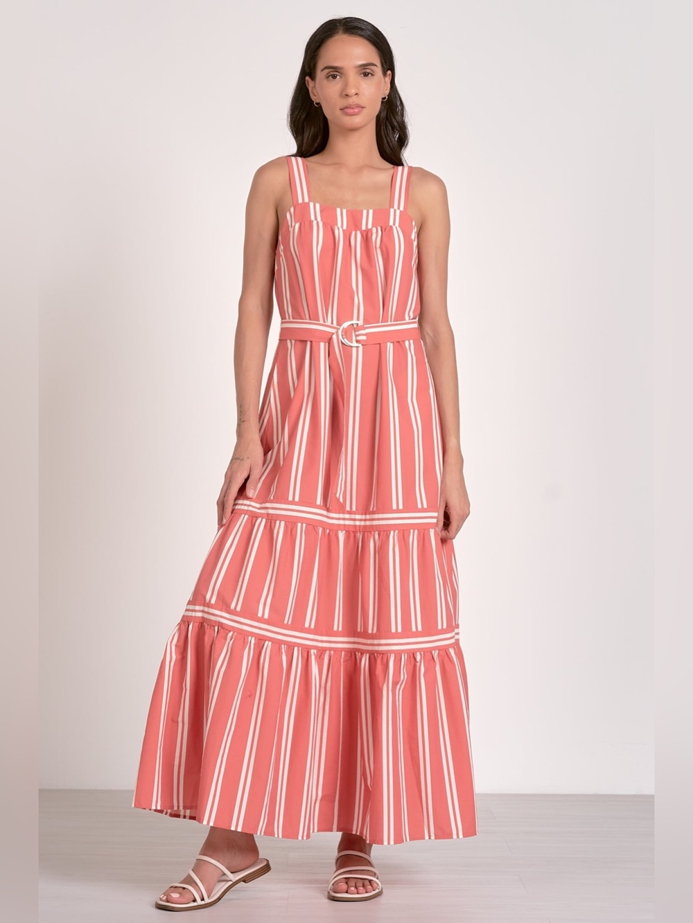 Elan Coral Stripe Tiered Maxi Dress with Belt | NWT | Size Medium - Picture 5 of 5